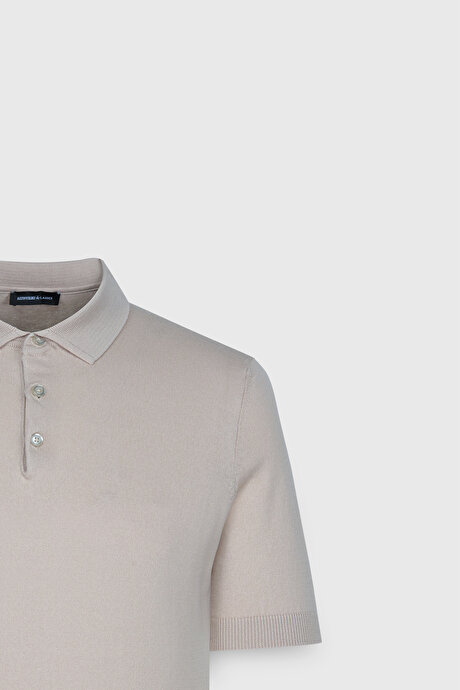 %100 Pamuk Standart Fit Normal Kesim Polo Yaka Triko Bej Tişört resmi