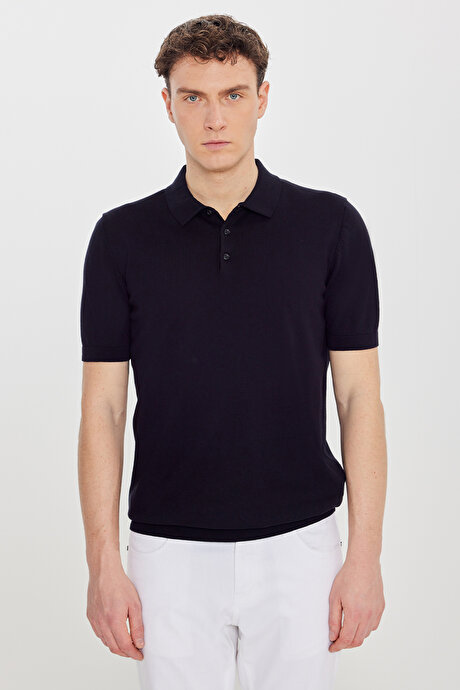 %100 Pamuk Standart Fit Normal Kesim Polo Yaka Triko Siyah Tişört resmi