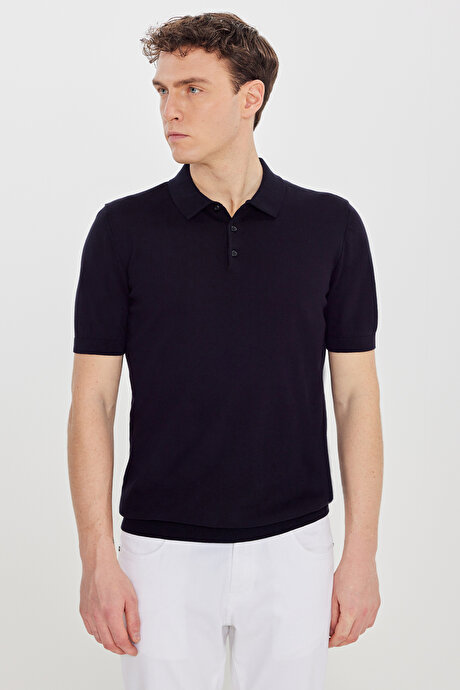 %100 Pamuk Standart Fit Normal Kesim Polo Yaka Triko Siyah Tişört resmi