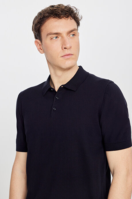 %100 Pamuk Standart Fit Normal Kesim Polo Yaka Triko Siyah Tişört resmi