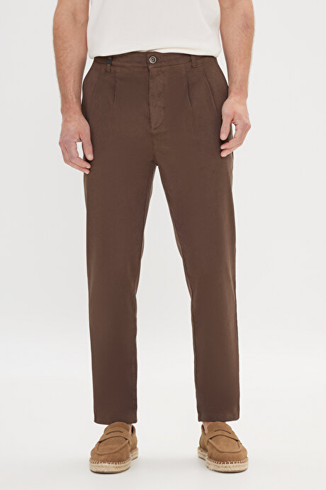 Pamuklu Slim Fit Dar Kesim Yan Cepli Pileli Casual Kahverengi Pantolon resmi