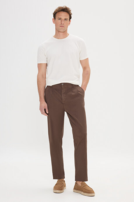 Pamuklu Slim Fit Dar Kesim Yan Cepli Pileli Casual Kahverengi Pantolon resmi