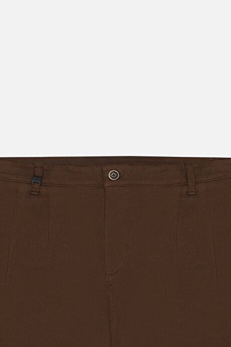 Pamuklu Slim Fit Dar Kesim Yan Cepli Pileli Casual Kahverengi Pantolon resmi