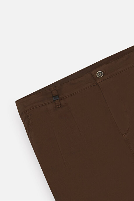 Pamuklu Slim Fit Dar Kesim Yan Cepli Pileli Casual Kahverengi Pantolon resmi