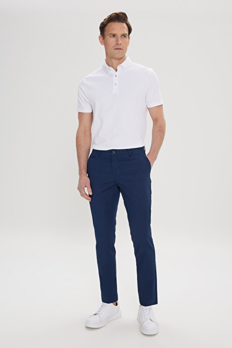 Pamuklu Slim Fit Dar Kesim Yan Cep Armürlü Esnek Lacivert Pantolon resmi