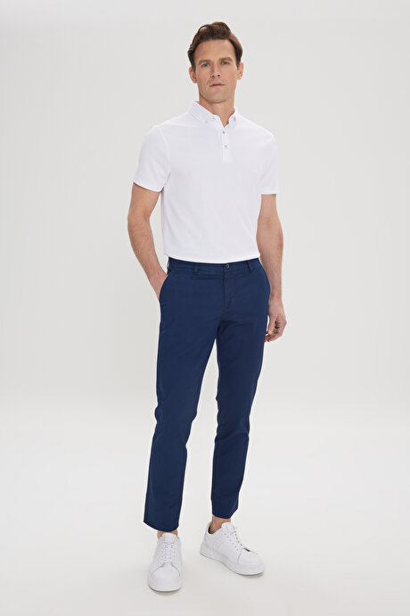 Pamuklu Slim Fit Dar Kesim Yan Cep Armürlü Esnek Lacivert Pantolon resmi