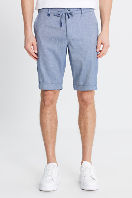 Slim Fit Dar Kesim Yan Cepli Gofre Desenli Lacivert Şort resmi