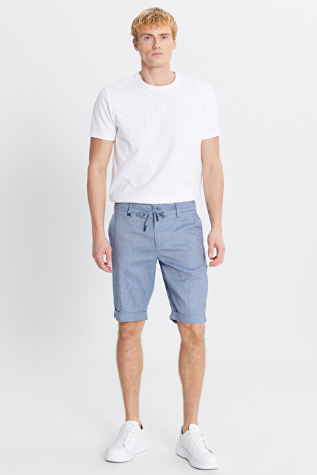 Slim Fit Dar Kesim Yan Cepli Gofre Desenli Lacivert Şort resmi