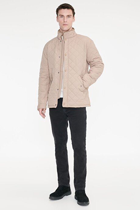 Standart Fit Normal Kesim Dik Yaka Kapaklı Yan Cepli Overcoat Bej Mont resmi