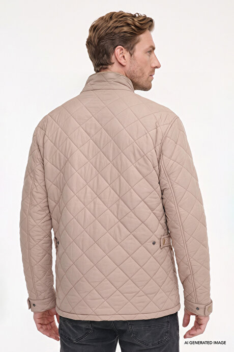 Standart Fit Normal Kesim Dik Yaka Kapaklı Yan Cepli Overcoat Bej Mont resmi
