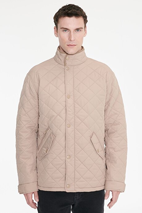 Standart Fit Normal Kesim Dik Yaka Kapaklı Yan Cepli Overcoat Bej Mont resmi