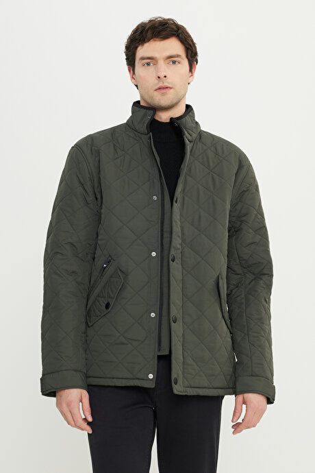 Standart Fit Normal Kesim Dik Yaka Kapaklı Yan Cepli Overcoat Haki Mont resmi