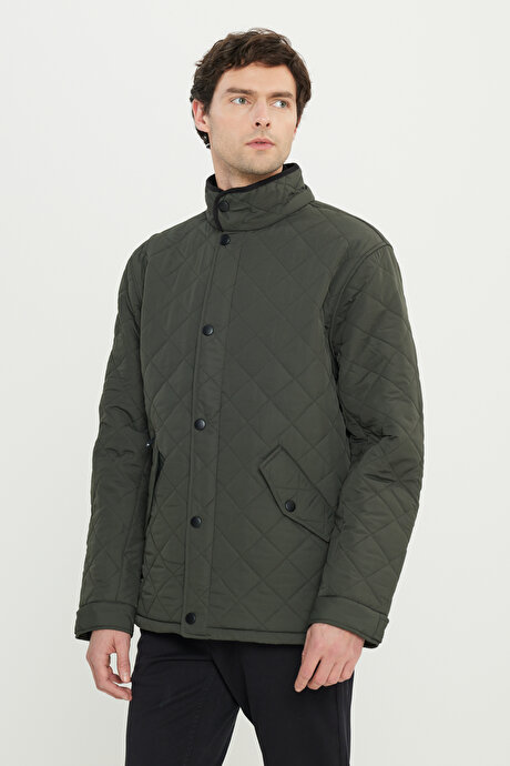 Standart Fit Normal Kesim Dik Yaka Kapaklı Yan Cepli Overcoat Haki Mont resmi