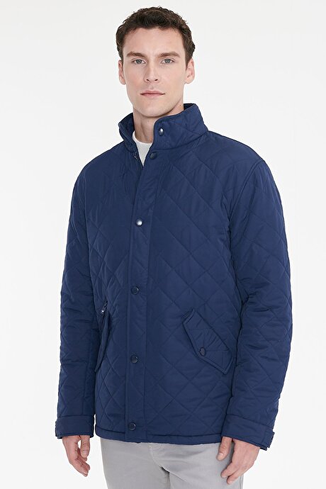 Standart Fit Normal Kesim Dik Yaka Kapaklı Yan Cepli Overcoat Lacivert Mont resmi