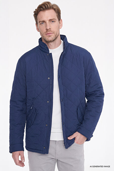 Standart Fit Normal Kesim Dik Yaka Kapaklı Yan Cepli Overcoat Lacivert Mont resmi