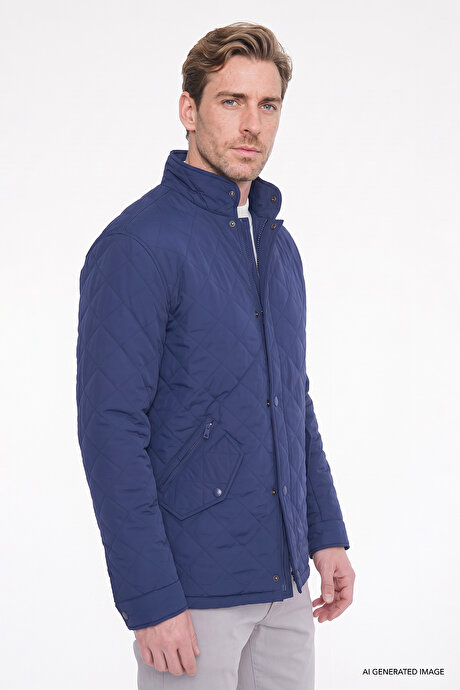 Standart Fit Normal Kesim Dik Yaka Kapaklı Yan Cepli Overcoat Lacivert Mont resmi