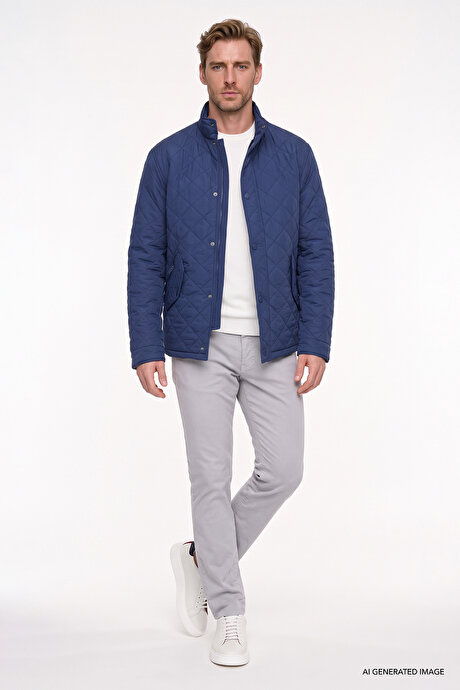 Standart Fit Normal Kesim Dik Yaka Kapaklı Yan Cepli Overcoat Lacivert Mont resmi