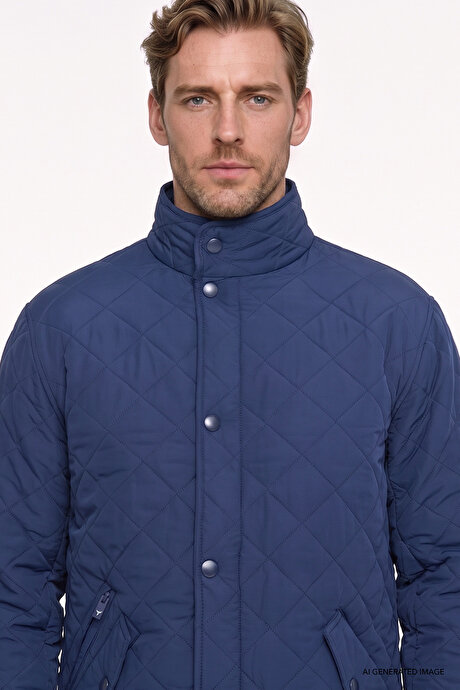 Standart Fit Normal Kesim Dik Yaka Kapaklı Yan Cepli Overcoat Lacivert Mont resmi