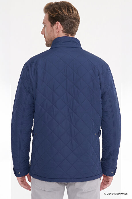 Standart Fit Normal Kesim Dik Yaka Kapaklı Yan Cepli Overcoat Lacivert Mont resmi
