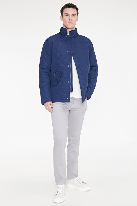 Standart Fit Normal Kesim Dik Yaka Kapaklı Yan Cepli Overcoat Lacivert Mont resmi