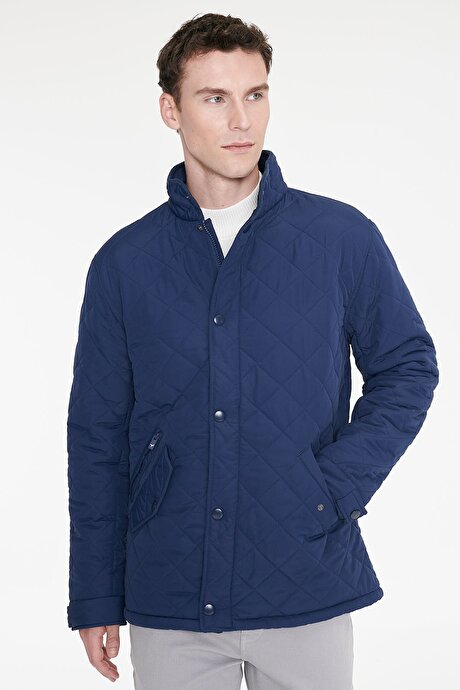 Standart Fit Normal Kesim Dik Yaka Kapaklı Yan Cepli Overcoat Lacivert Mont resmi