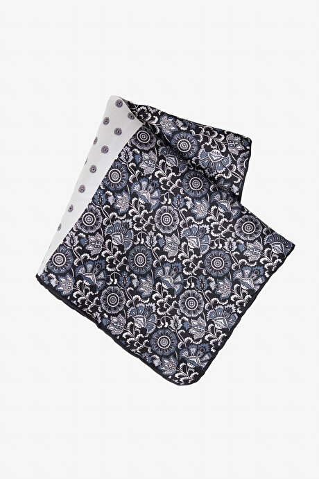 Desenli İpek Siyah-Beyaz Mendil resmi