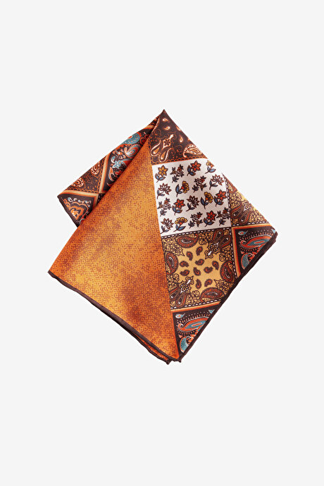 Desenli İpek Turuncu-Kahve Mendil resmi