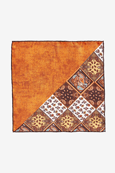 Desenli İpek Turuncu-Kahve Mendil resmi