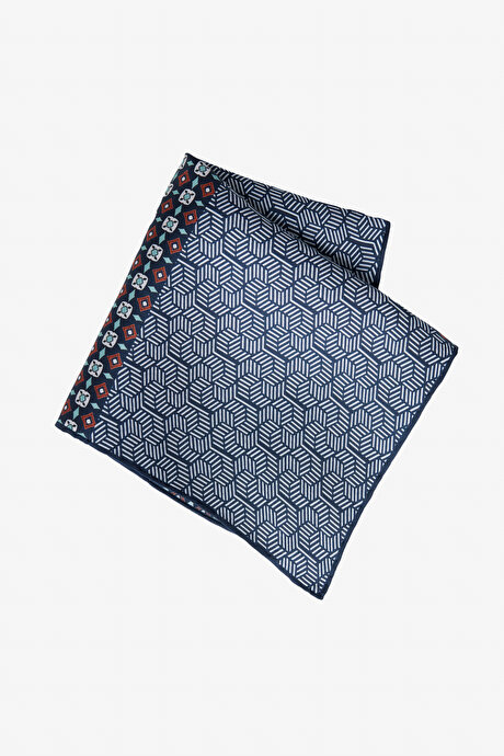 Desenli İpek Mavi-Lacivert Mendil resmi