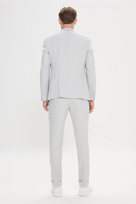 Slim Fit Dar Kesim Mono Yaka Desenli Keten Açık Gri Takım Elbise resmi