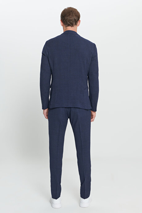 Slim Fit Dar Kesim Mono Yaka Gofre Desenli Yünlü Lacivert Takım Elbise resmi