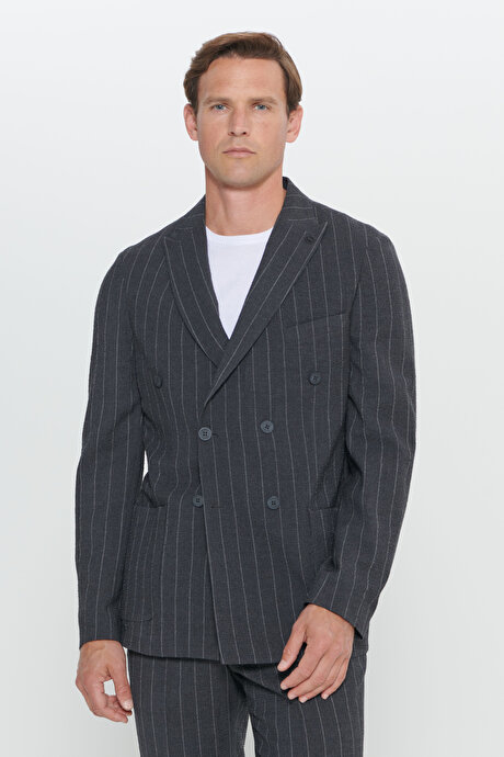 Slim Fit Dar Kesim Kırlangıç Yaka Gofre Desenli Yünlü Antrasit Takım Elbise resmi