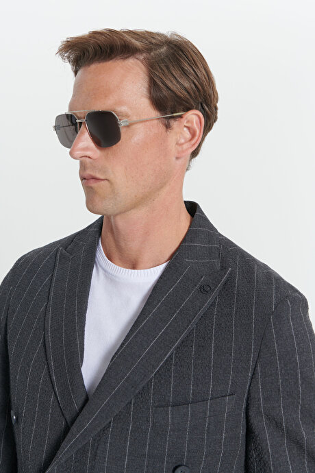 Slim Fit Dar Kesim Kırlangıç Yaka Gofre Desenli Yünlü Antrasit Takım Elbise resmi