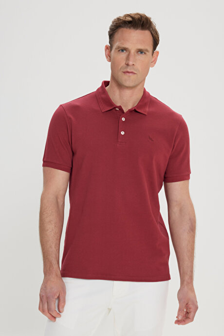 Slim Fit Dar Kesim Polo Yaka %100 Pamuk Bordo Tişört resmi