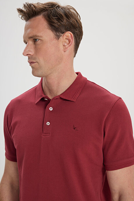 Slim Fit Dar Kesim Polo Yaka %100 Pamuk Bordo Tişört resmi