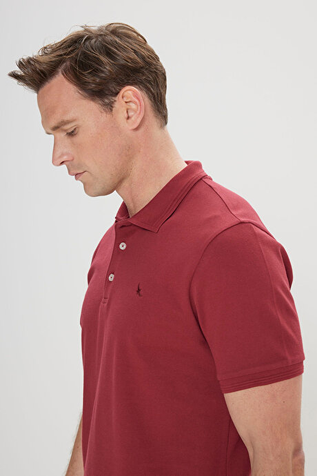 Slim Fit Dar Kesim Polo Yaka %100 Pamuk Bordo Tişört resmi
