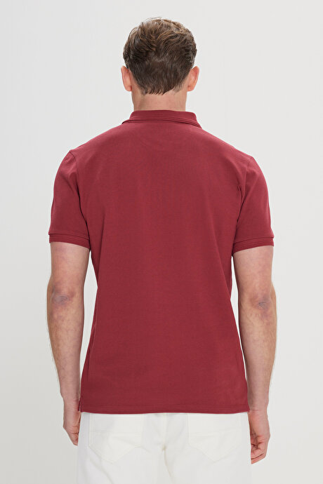 Slim Fit Dar Kesim Polo Yaka %100 Pamuk Bordo Tişört resmi