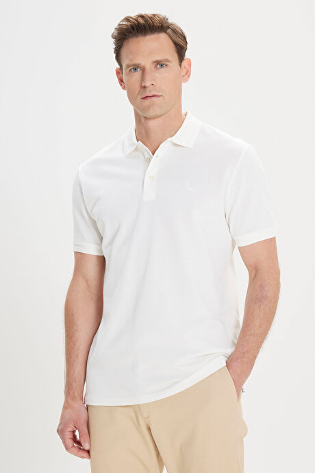Slim Fit Dar Kesim Polo Yaka %100 Pamuk Beyaz Tişört resmi