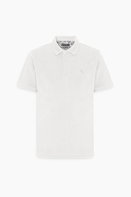 Slim Fit Dar Kesim Polo Yaka %100 Pamuk Beyaz Tişört resmi