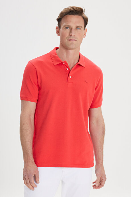 Slim Fit Dar Kesim Polo Yaka %100 Pamuk Kırmızı Tişört resmi