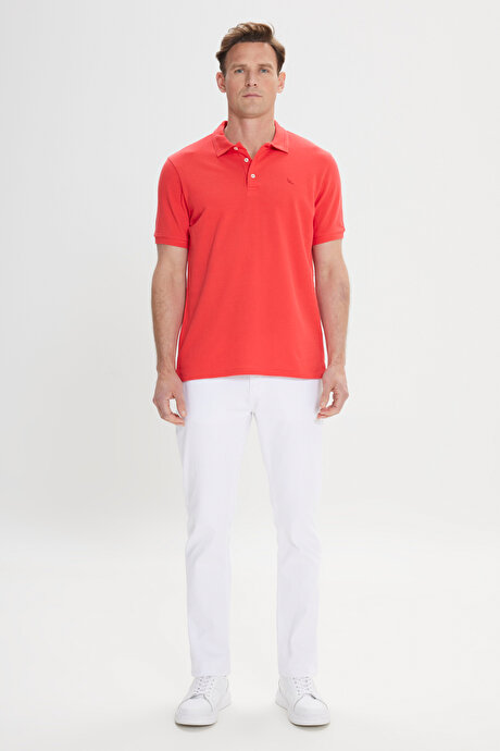 Slim Fit Dar Kesim Polo Yaka %100 Pamuk Kırmızı Tişört resmi