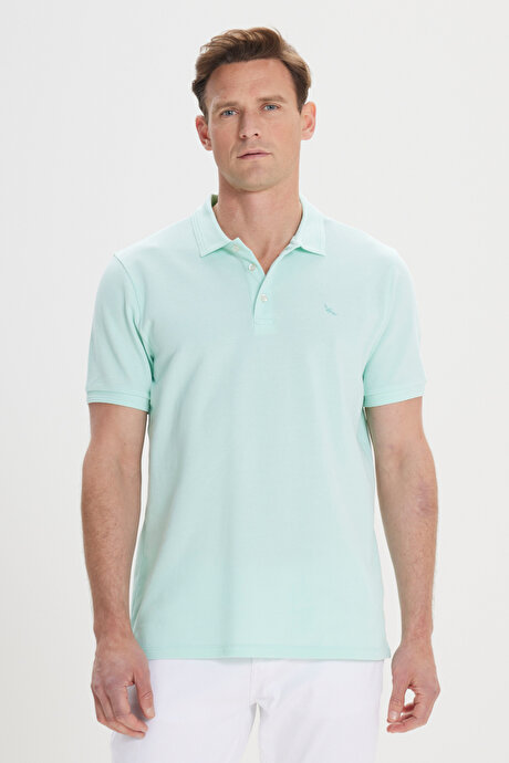 Slim Fit Dar Kesim Polo Yaka %100 Pamuk Mint Tişört resmi