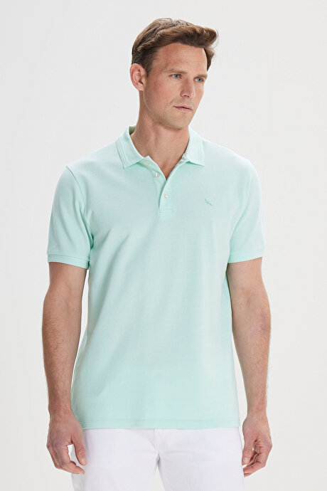 Slim Fit Dar Kesim Polo Yaka %100 Pamuk Mint Tişört resmi