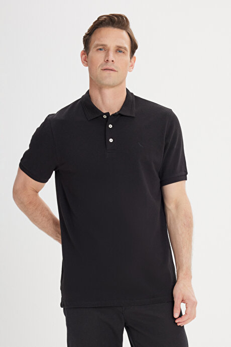 Slim Fit Dar Kesim Polo Yaka %100 Pamuk Siyah Tişört resmi