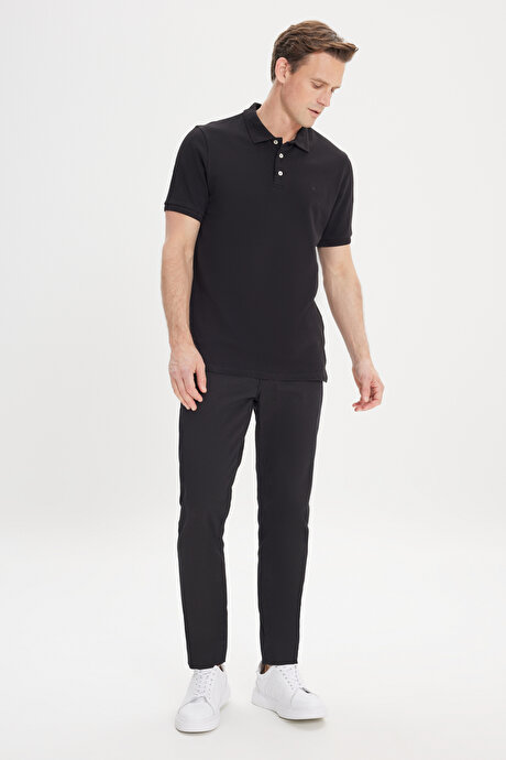 Slim Fit Dar Kesim Polo Yaka %100 Pamuk Siyah Tişört resmi