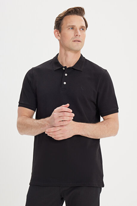 Slim Fit Dar Kesim Polo Yaka %100 Pamuk Siyah Tişört resmi