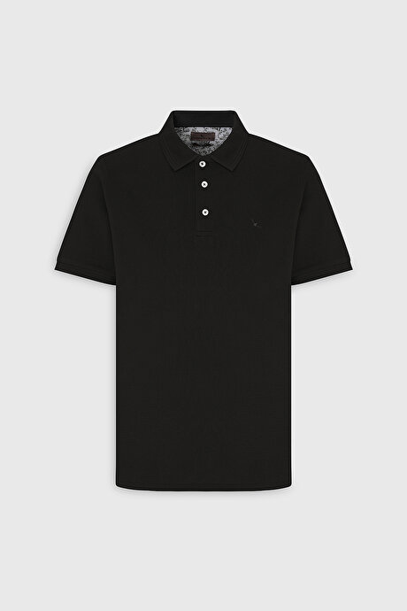 Slim Fit Dar Kesim Polo Yaka %100 Pamuk Siyah Tişört resmi