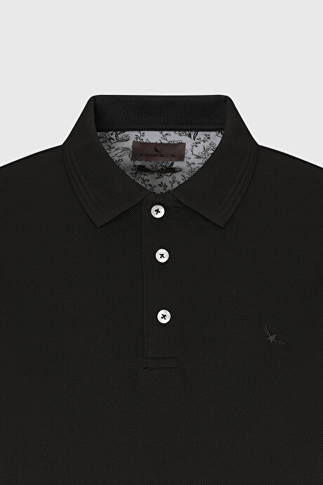 Slim Fit Dar Kesim Polo Yaka %100 Pamuk Siyah Tişört resmi