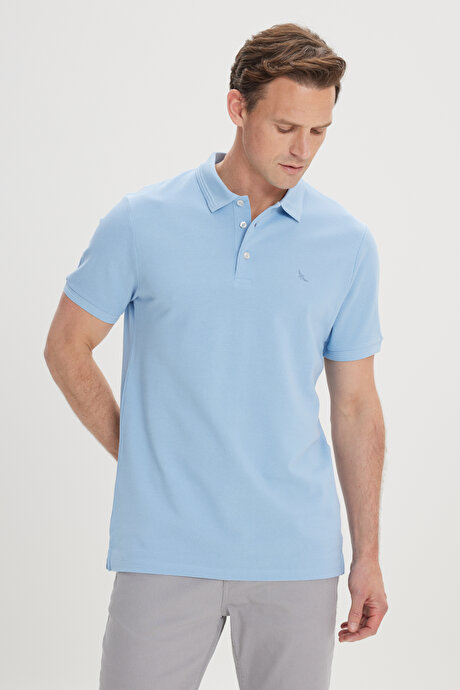 Slim Fit Dar Kesim Polo Yaka %100 Pamuk Açık Mavi Tişört resmi