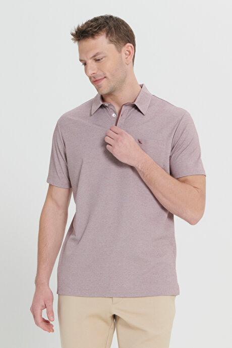 Comfort Fit Rahat Kesim Polo Yaka Pamuklu Kısa Kollu Bordo Tişört resmi